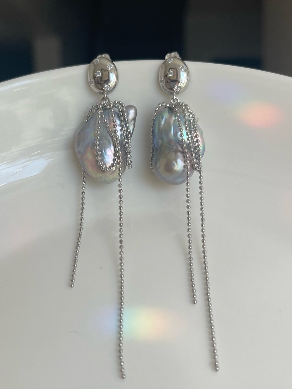 Silver Baroque Pearl Drop Earrings with Chain Tassels
